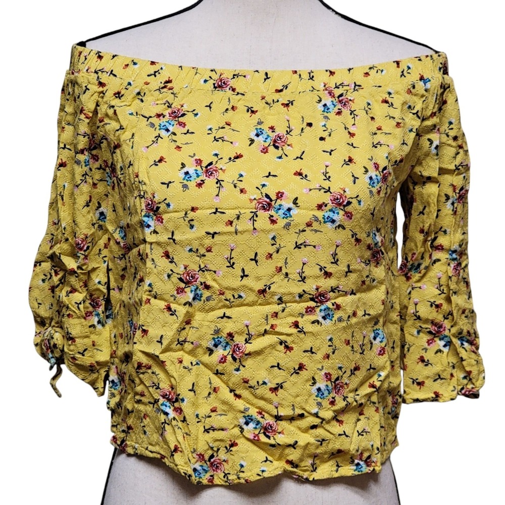 Papermoon Yellow Floral Blouse Petite Womens S Off Shoulder Cropped Boho Casual